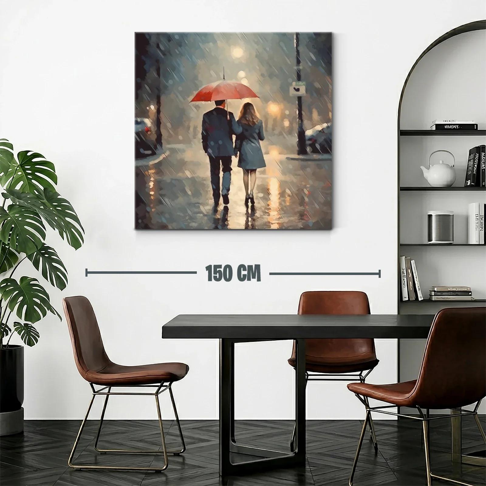 Pareja caminando bajo la lluvia con paraguas rojo — miniatura 2