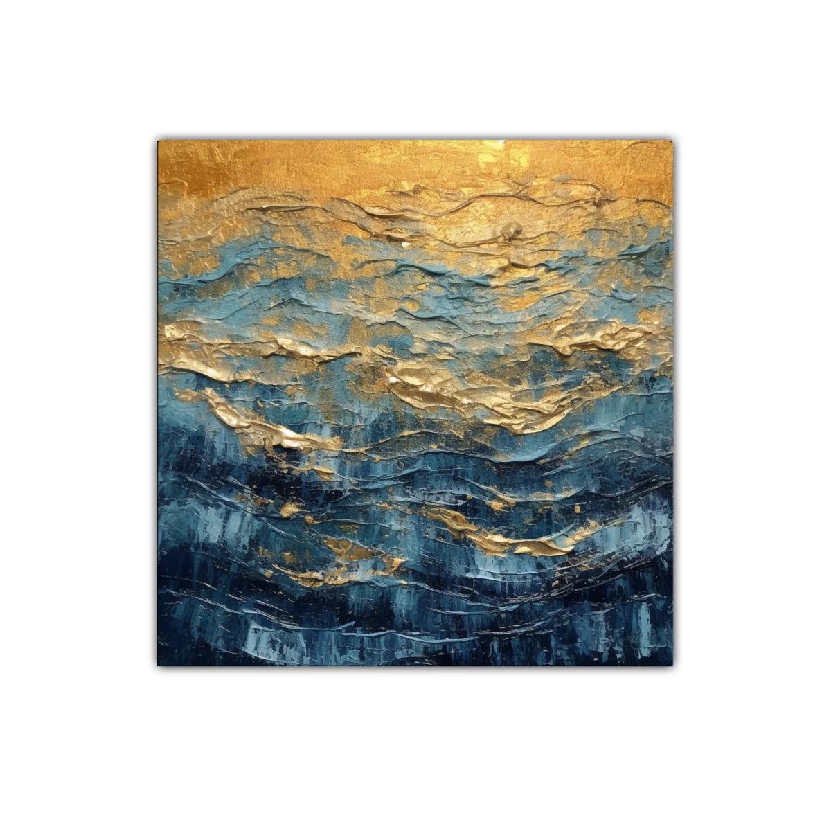 Cuadro abstracto con tonos dorados y azules vibrantes