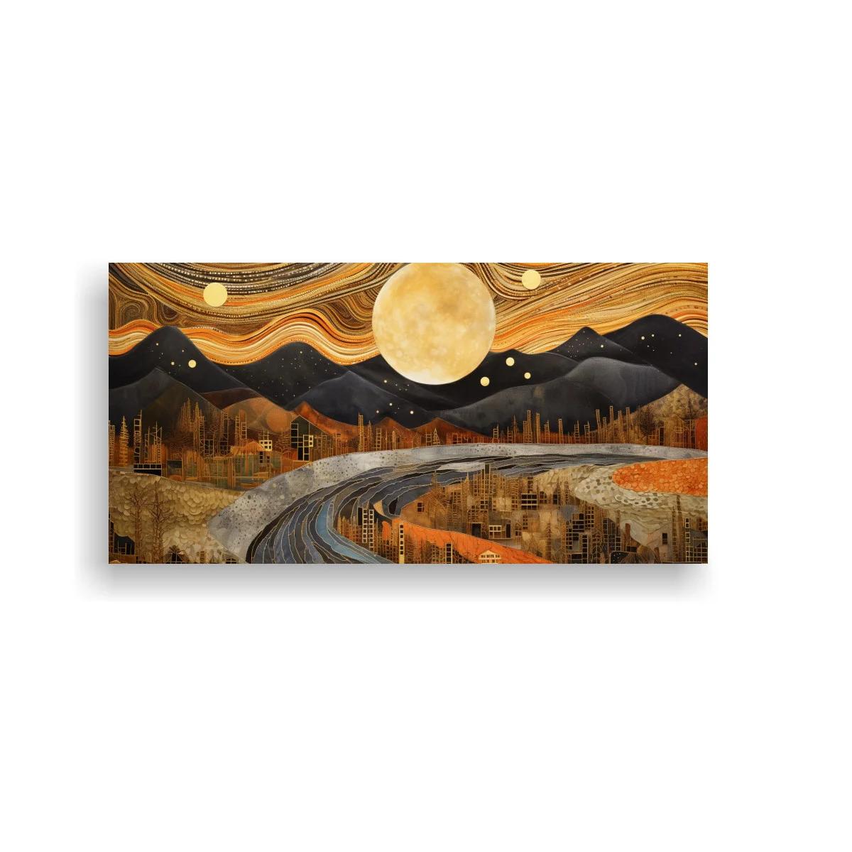 Cuadro paisaje urbano nocturno con luna destacada — imagen principal