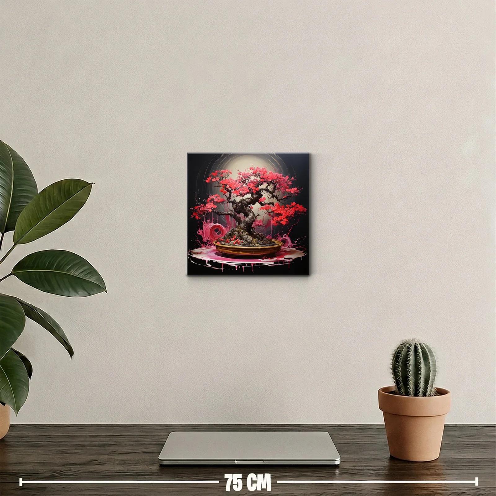 Árbol bonsái con vibrantes hojas rojas iluminado en círculo — miniatura 2