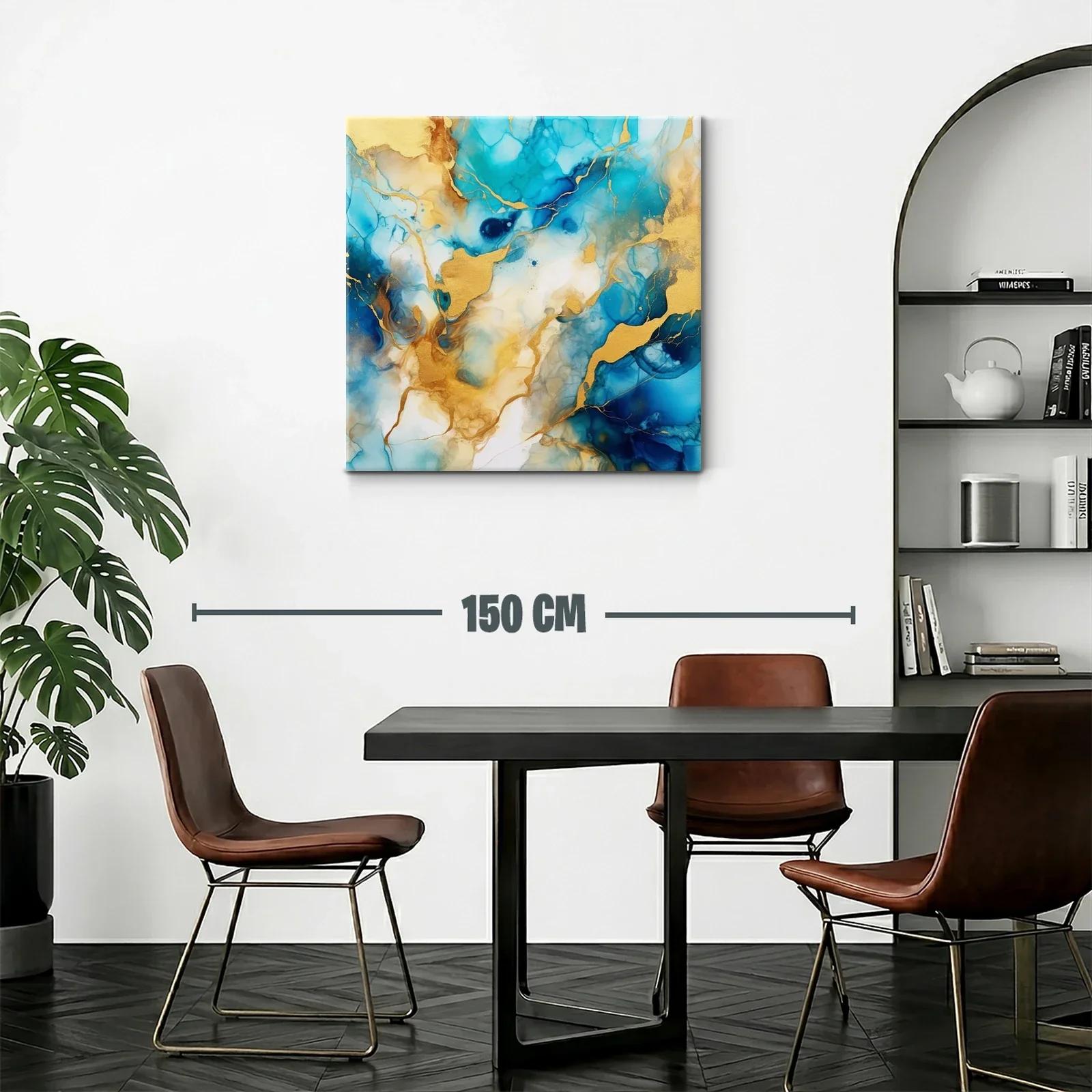 Cuadro abstracto con tonos azules y dorados vibrantes — miniatura 2