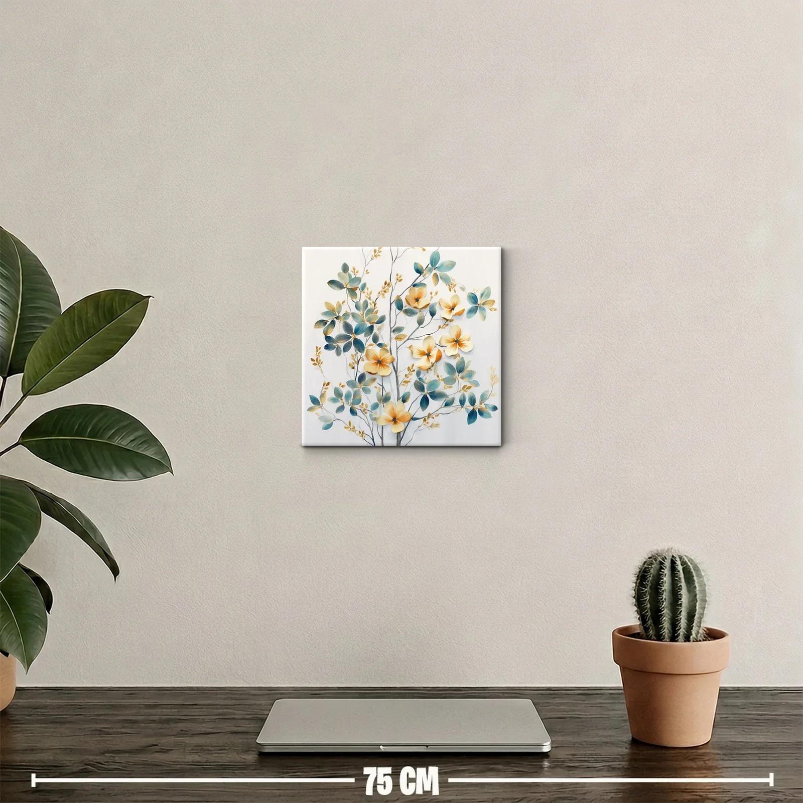 Cuadro decorativo con flores y hojas en tonos azules y dorados — miniatura 2