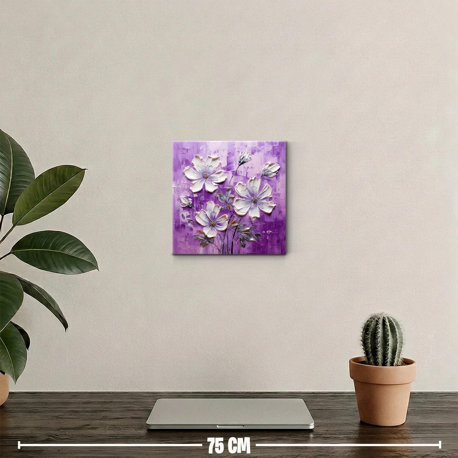 Cuadro floral con pétalos blancos y fondo morado intenso — miniatura 2