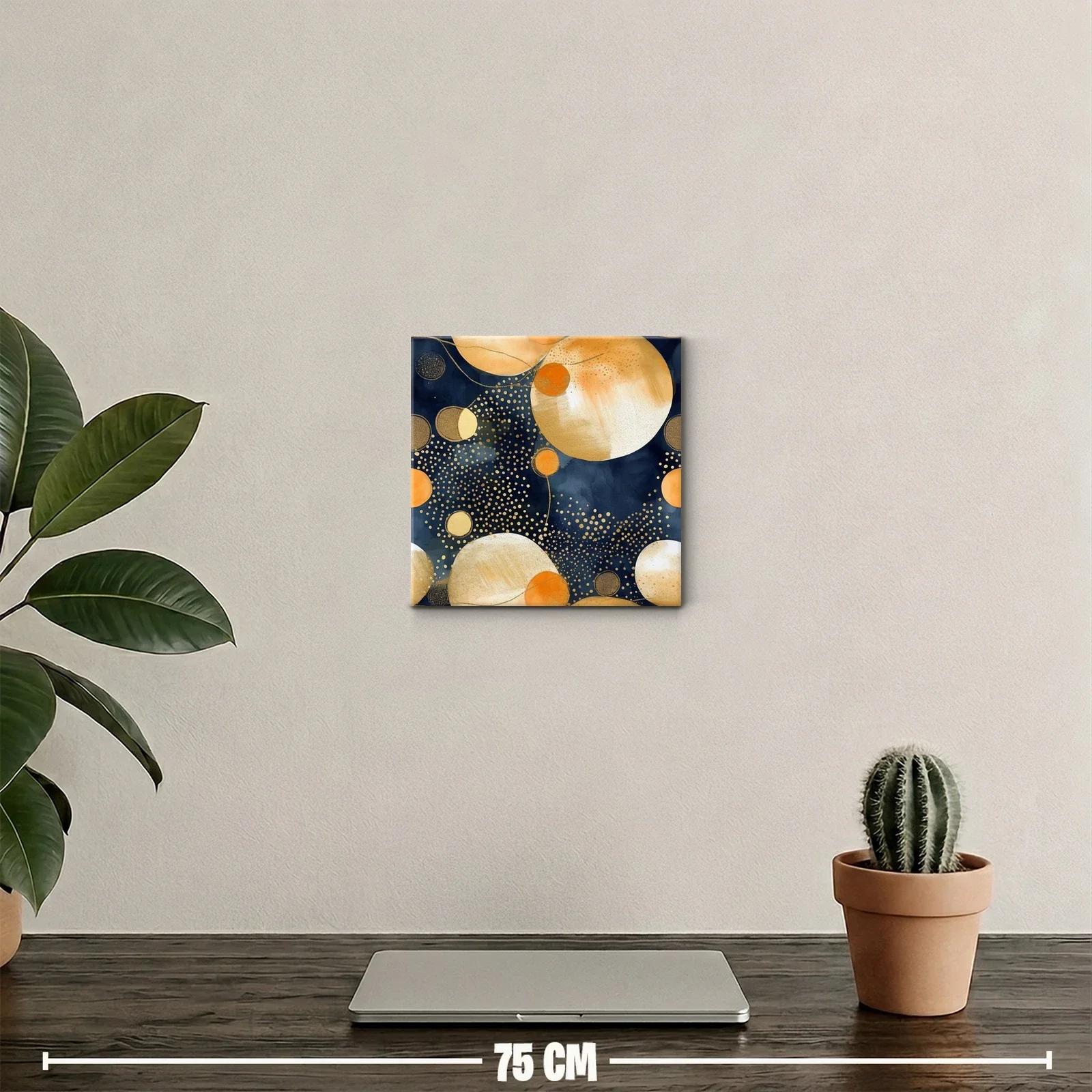 Cuadro abstracto con esferas doradas y azul profundo — miniatura 2