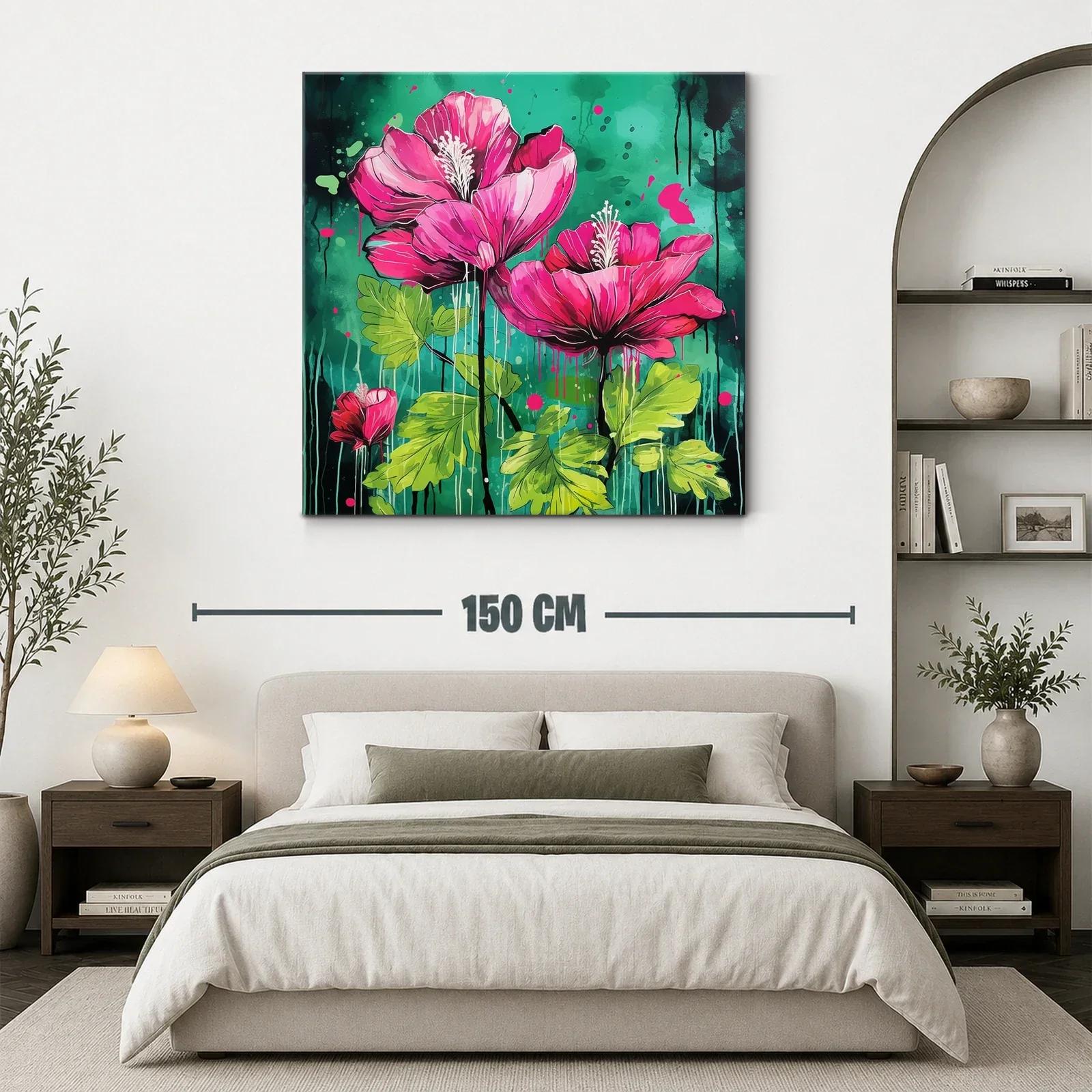 Cuadro vibrante con flores fucsias sobre fondo verde intenso — miniatura 3