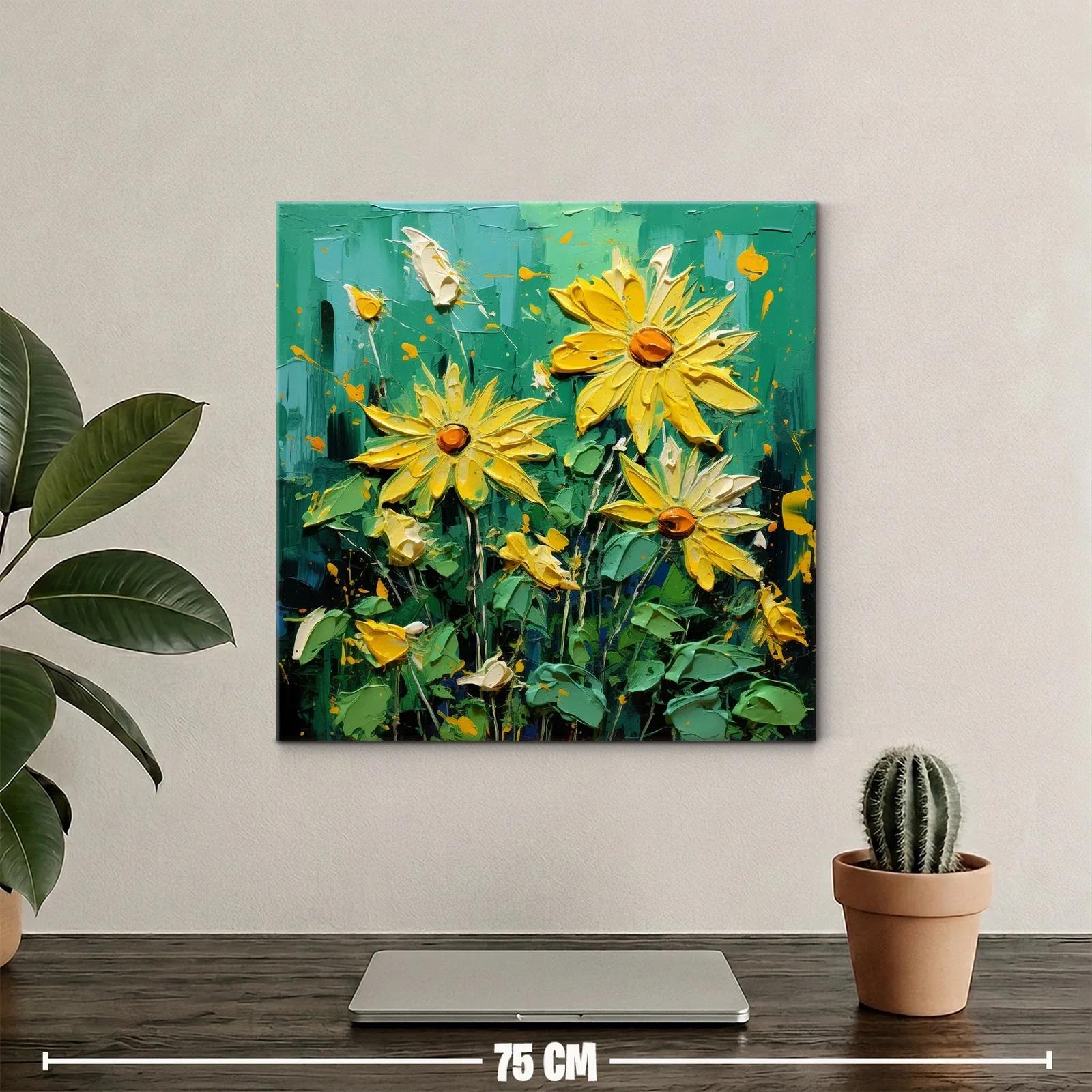 Cuadro vibrante con flores amarillas sobre fondo verde intenso — miniatura 2