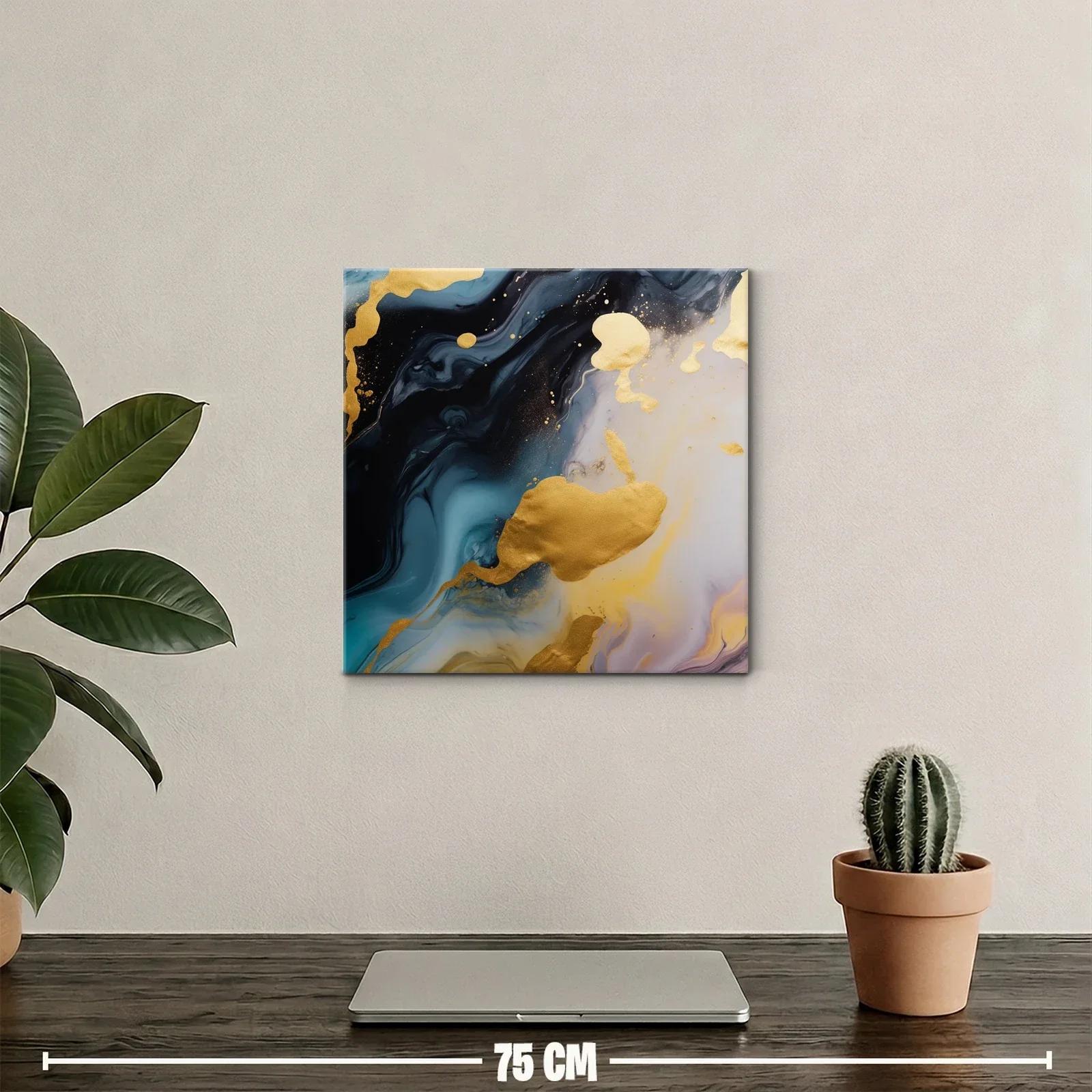 Cuadro abstracto con destellos dorados y tonos profundo azul — miniatura 2