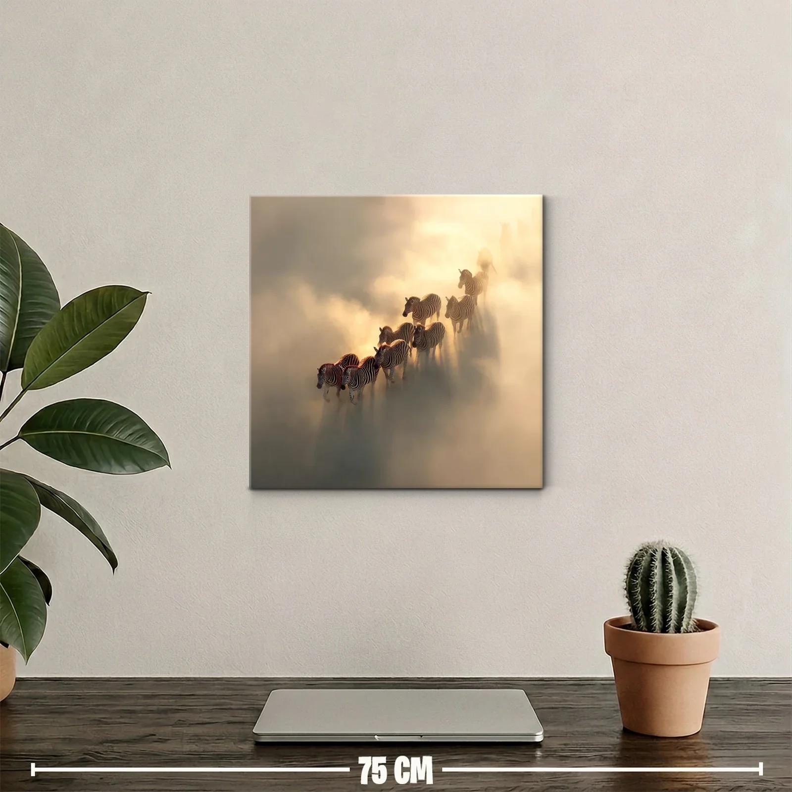 Cuadro de cebras en la niebla dorada al amanecer — miniatura 2