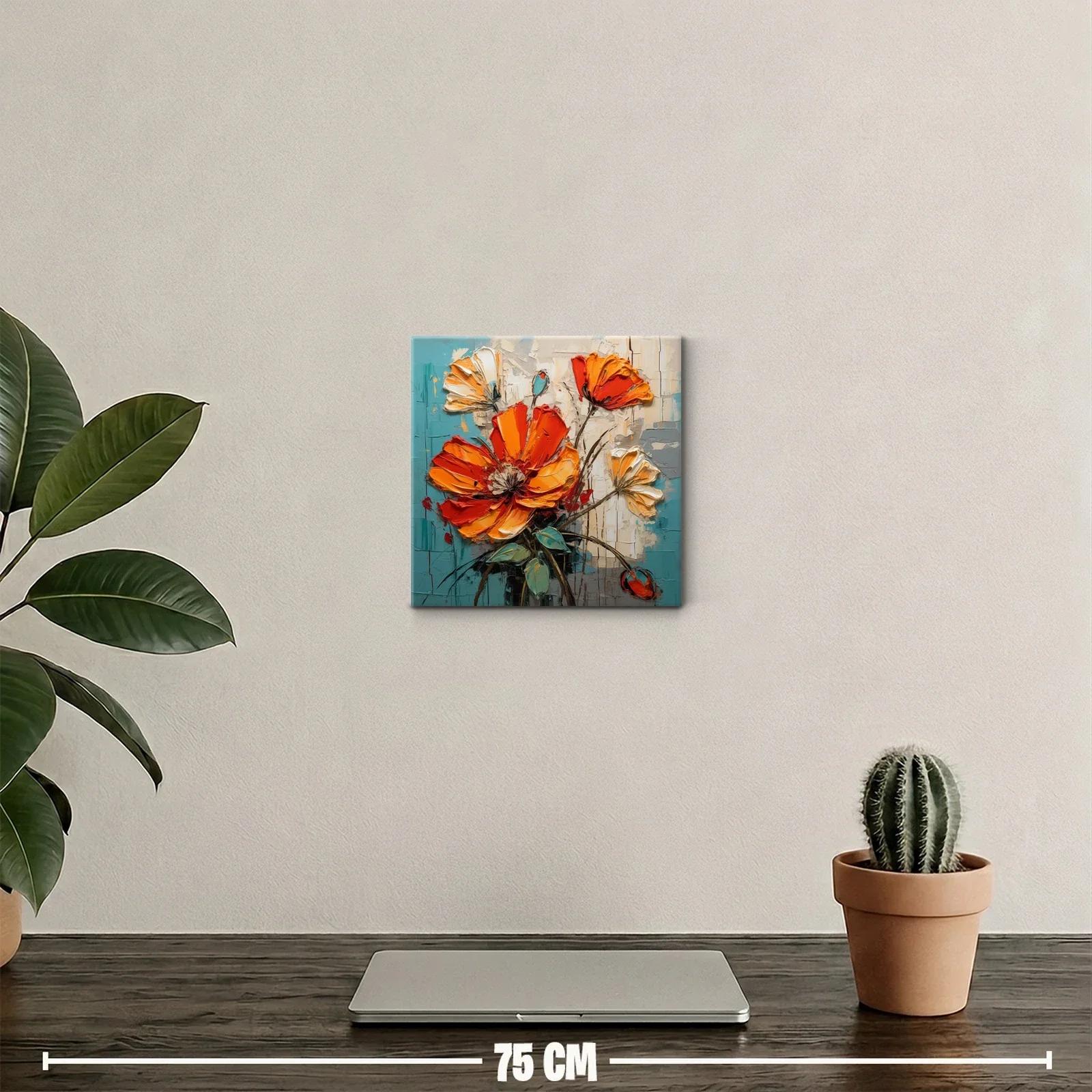 Cuadro floral con vibrantes tonos naranja y turquesa — miniatura 2