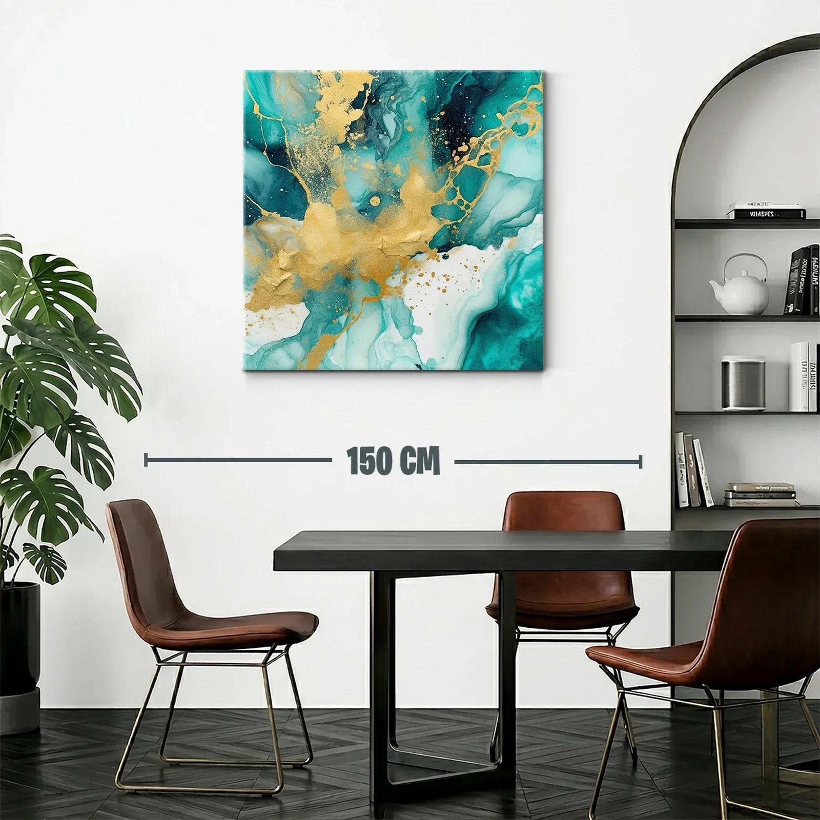 Cuadro abstracto con tonos turquesa y dorados vibrantes — miniatura 2