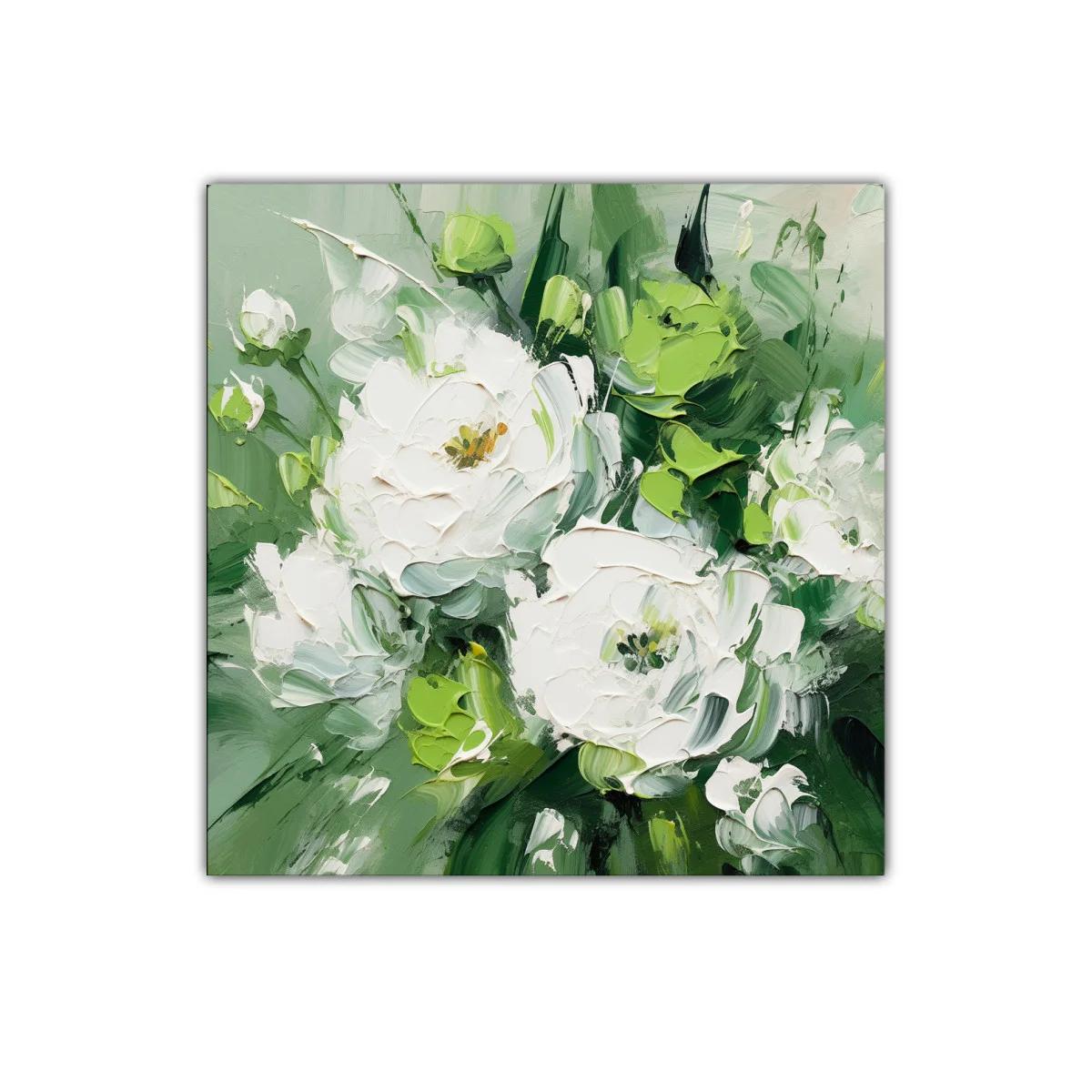 Cuadro decorativo con flores blancas y verdes vibrantes