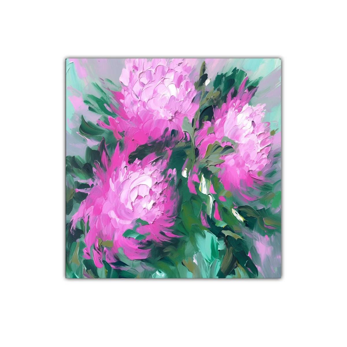 Cuadro decorativo de flores rosas con fondo verde azuloso