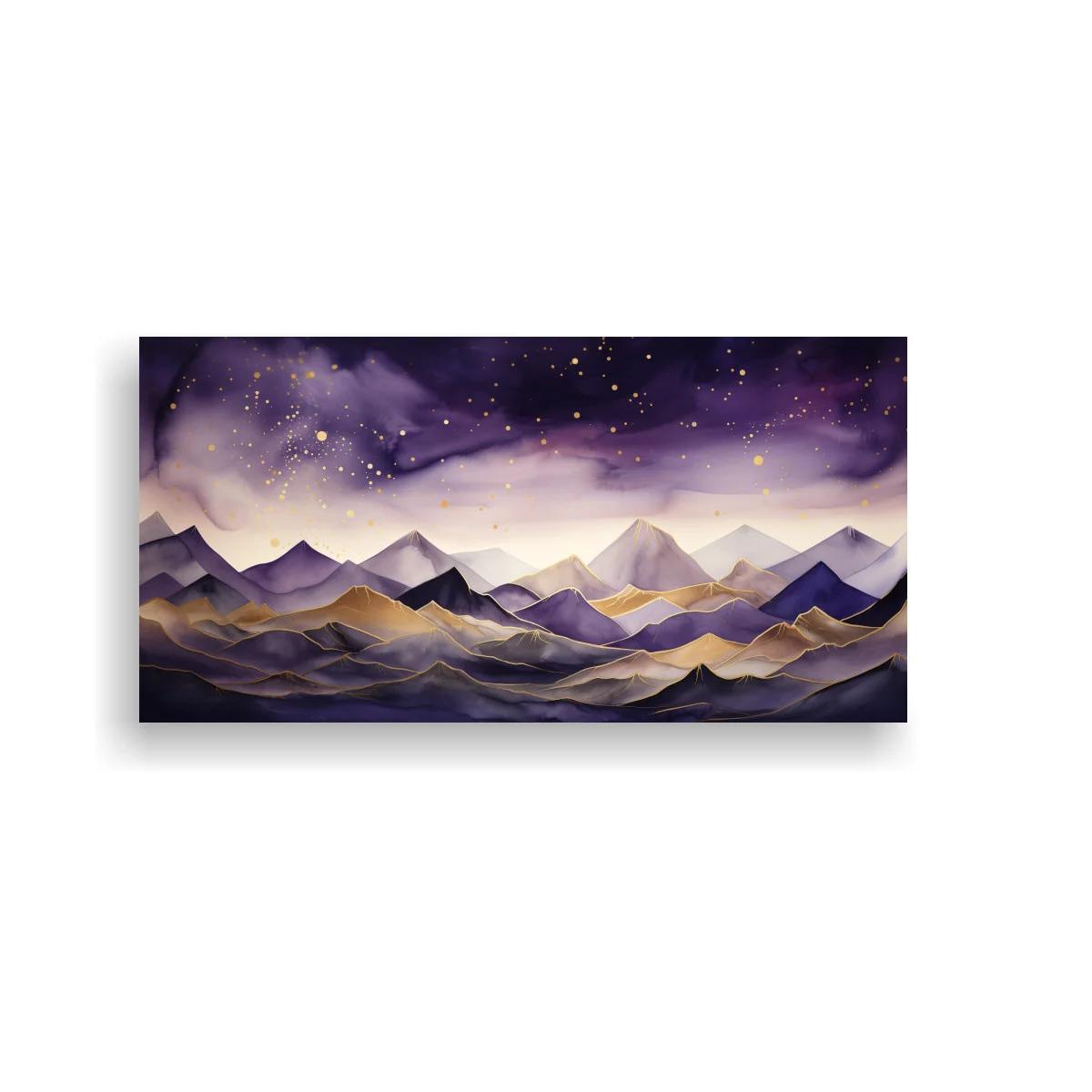Cuadro paisaje de montañas en tonos violeta y dorado — imagen principal