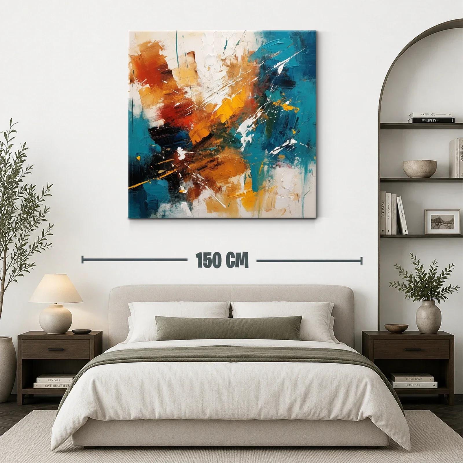 Cuadro abstracto con tonos cálidos y azul turquesa vibrante — miniatura 3