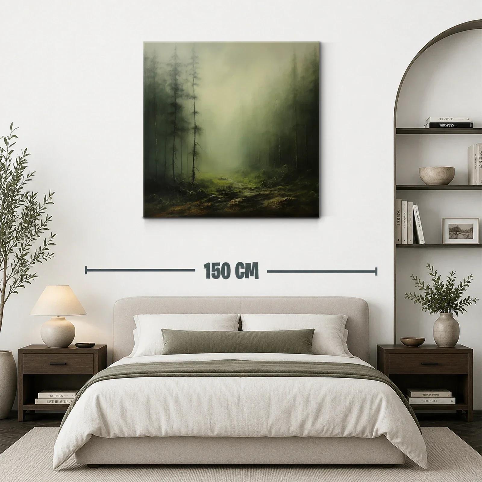 Paisaje nebuloso con bosque y camino en tonos verdes — miniatura 3