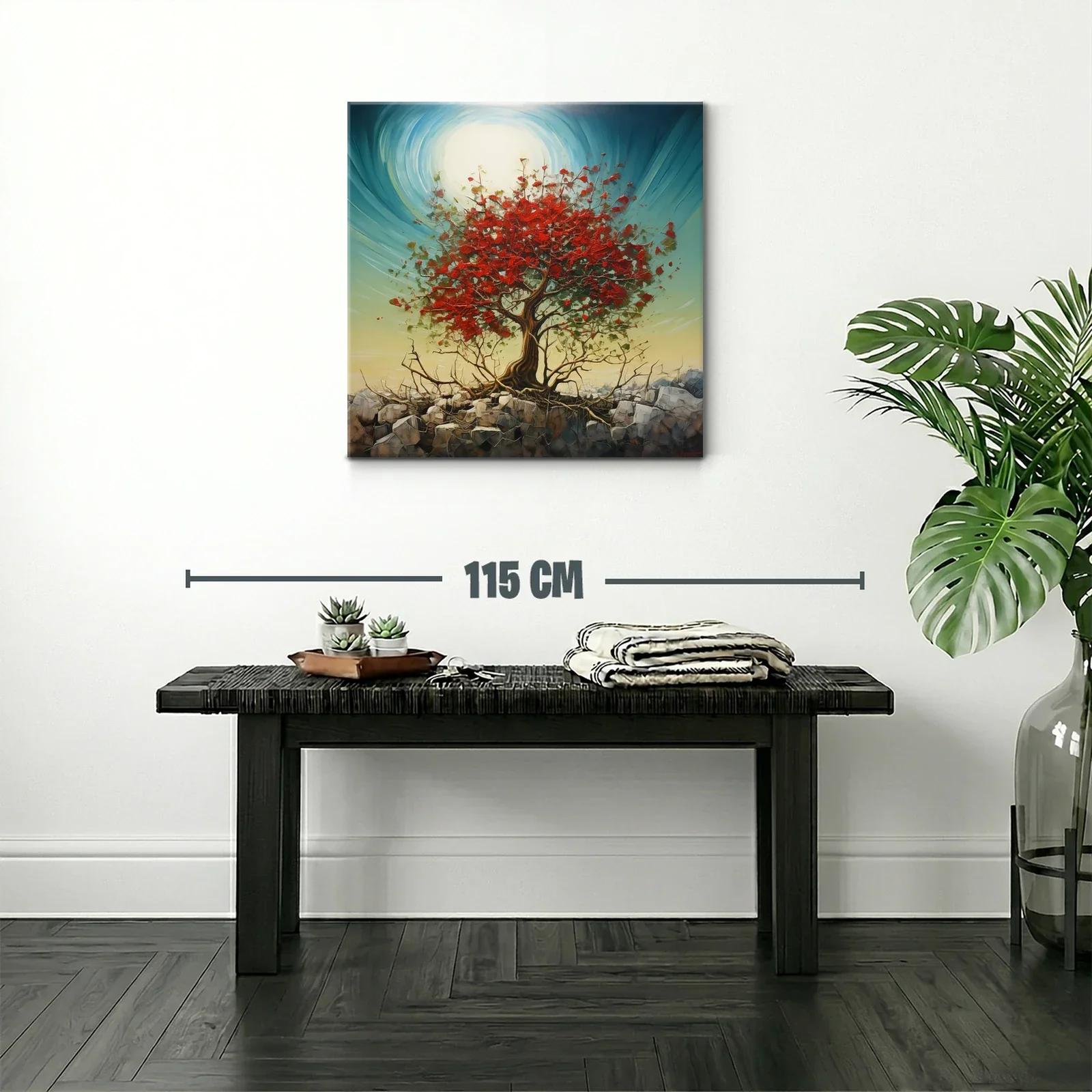 Árbol rojo vibrante sobre rocas con cielo luminoso — miniatura 2