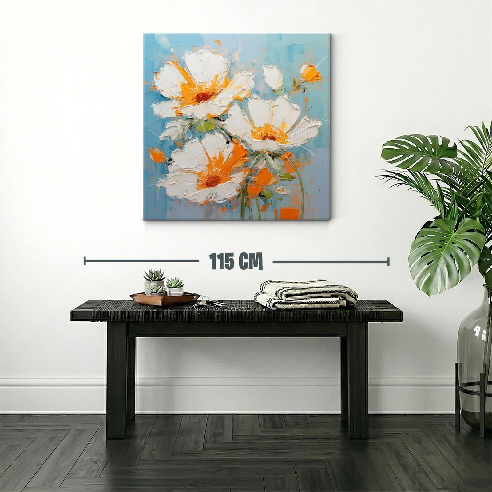 Cuadro con flores blancas y detalles naranjas sobre fondo azul — miniatura 2
