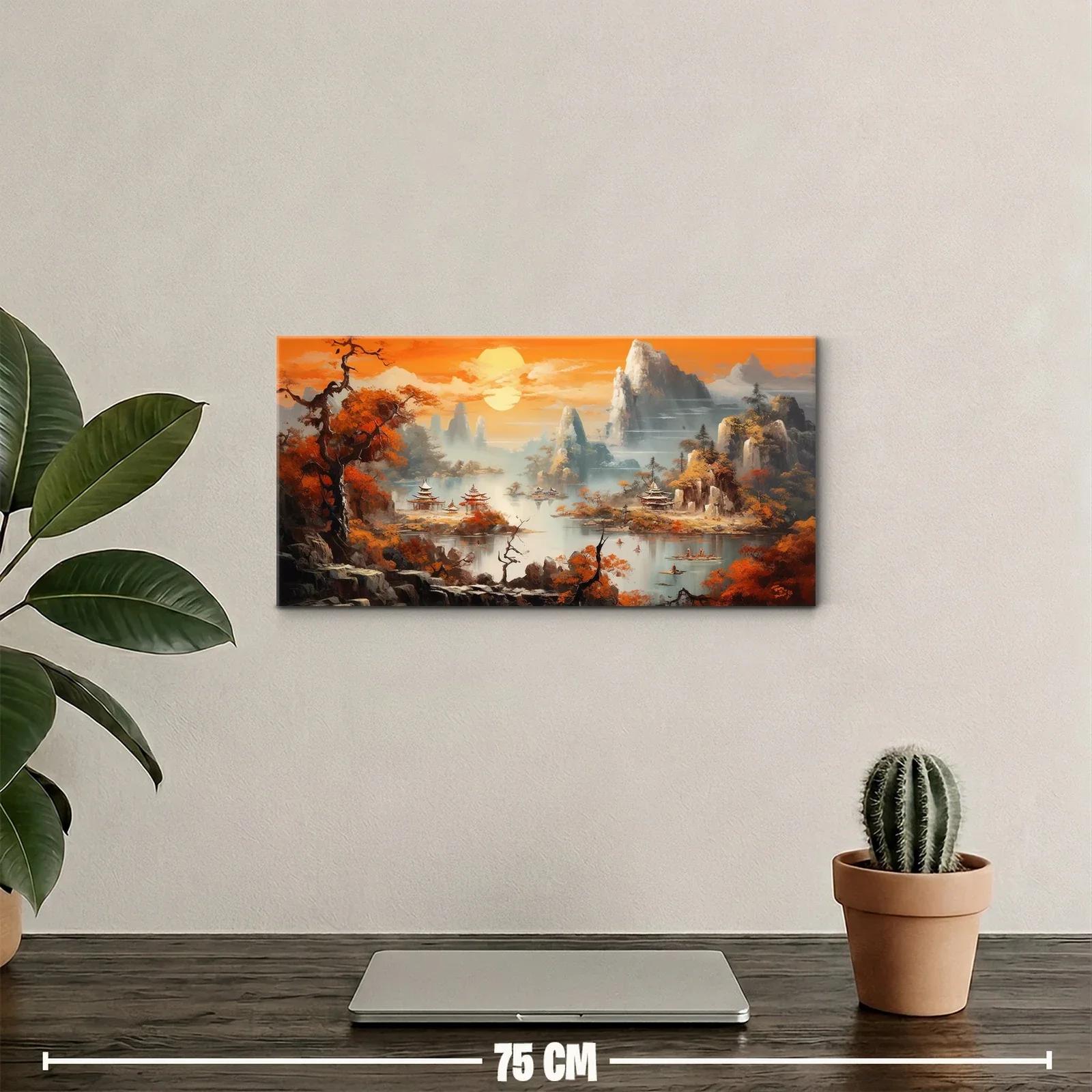 Cuadro paisaje oriental con pagodas y agua enmarcado por rocas — miniatura 2