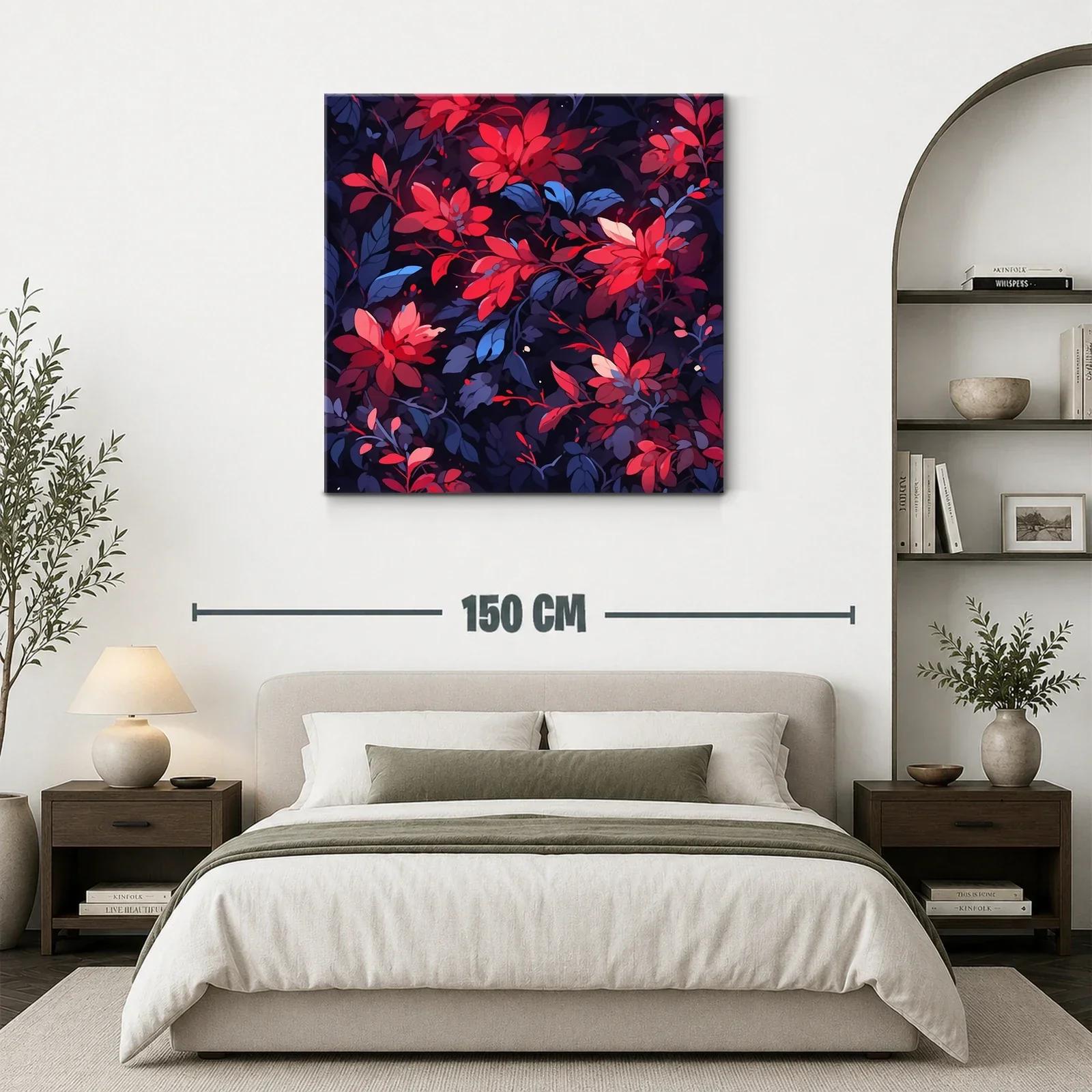 Cuadro floral vibrante en tonos rojos y azul oscuro — miniatura 3