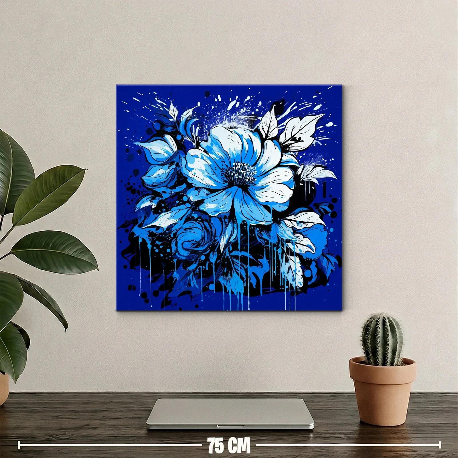 Cuadro floral vibrante en tonos azules intensos y negros — miniatura 2