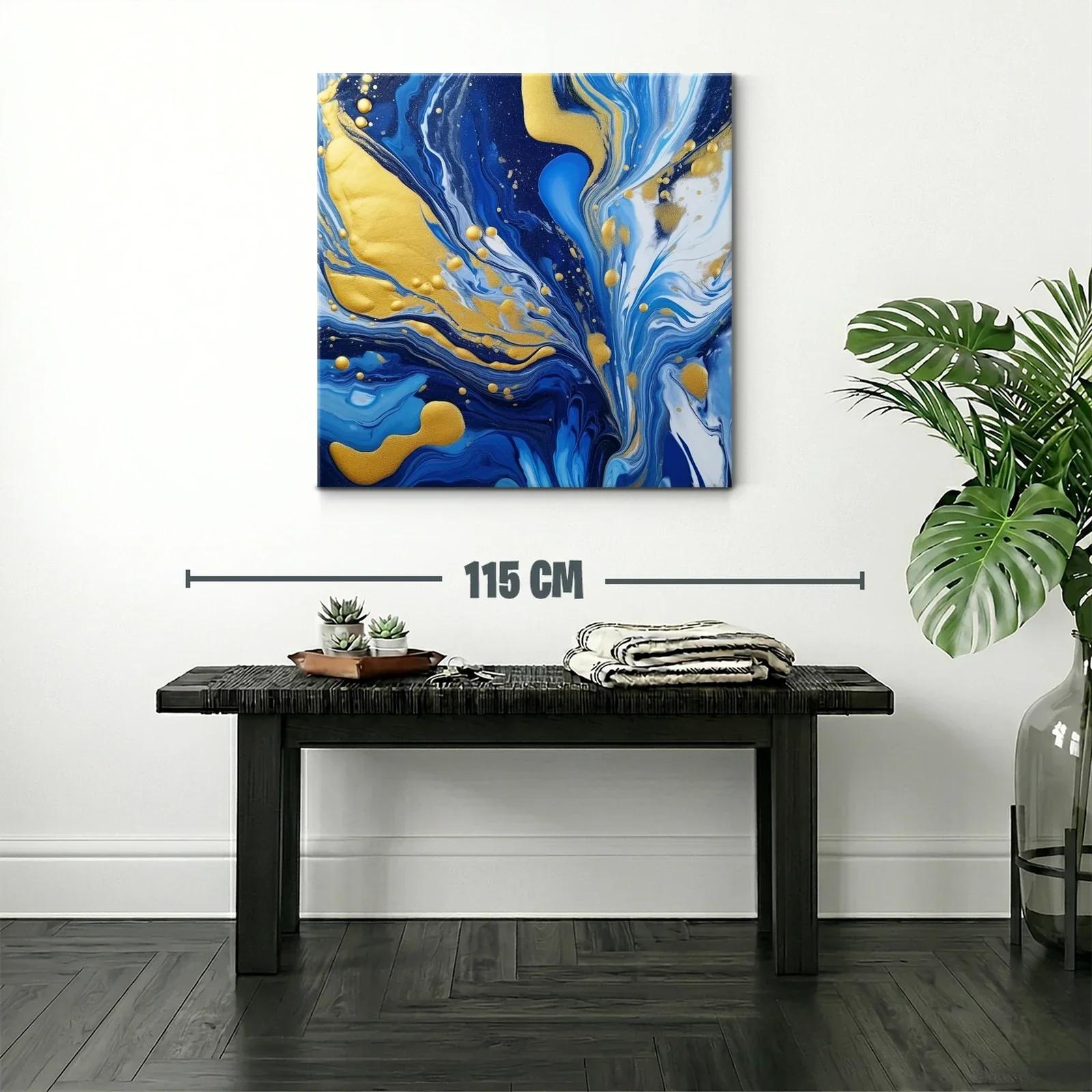 Cuadro abstracto en tonos azules con detalles dorados brillantes — miniatura 2