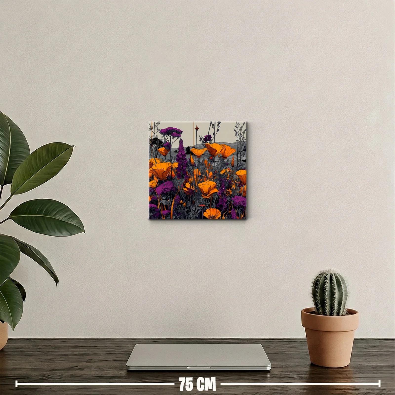 Cuadro decorativo con flores vibrantes en tonos naranjas y lilas — miniatura 2