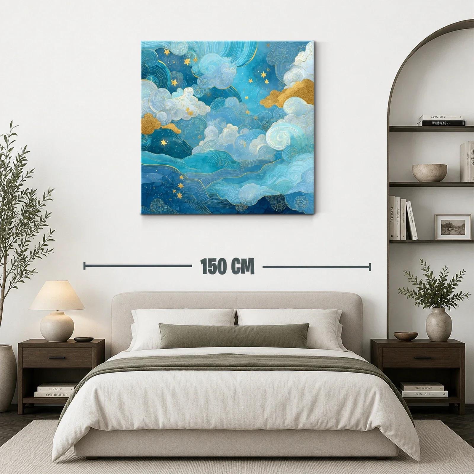 Cuadro abstracto de cielo estrellado con nubes doradas — miniatura 3