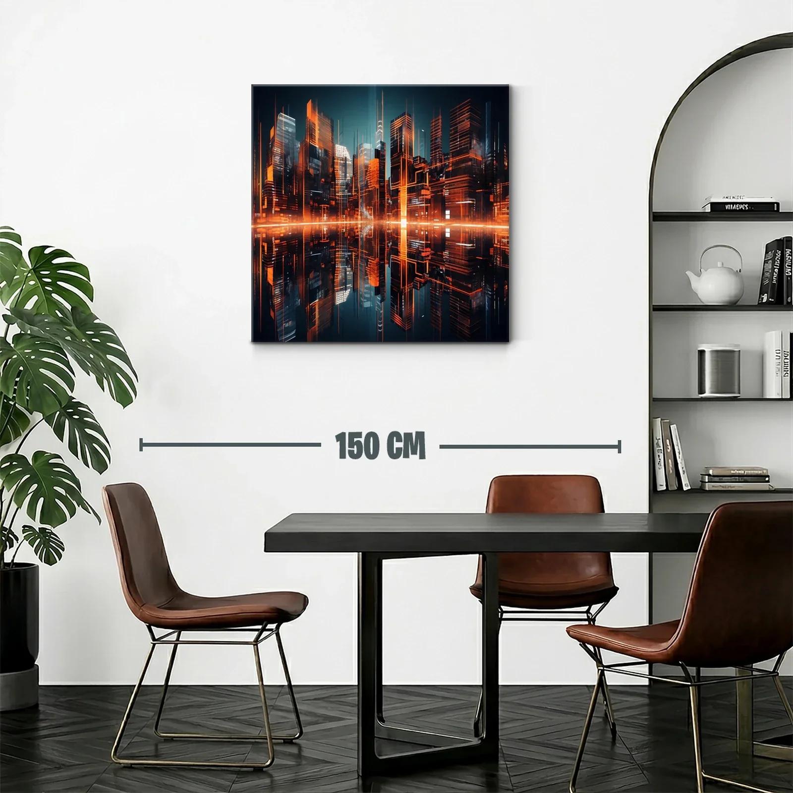 Ciudad futurista iluminada con reflejos naranjas vibrantes — miniatura 2