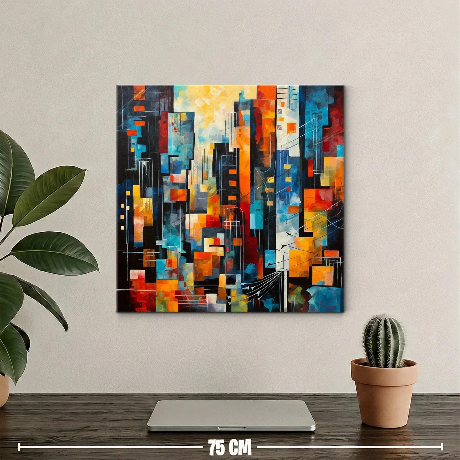 Cuadro abstracto con vibrante ciudad en tonos cálidos y fríos — miniatura 2