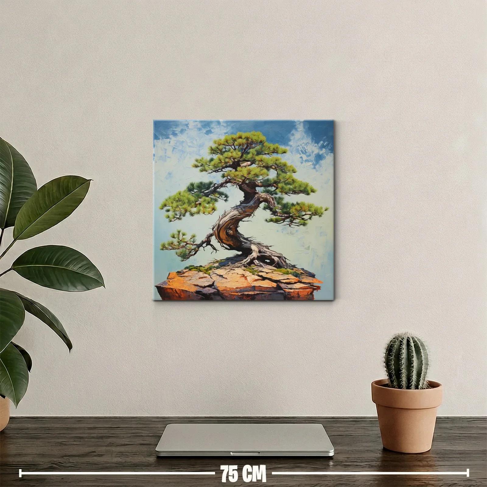 Cuadro con árbol bonsái en roca sobre fondo azul claro — miniatura 2