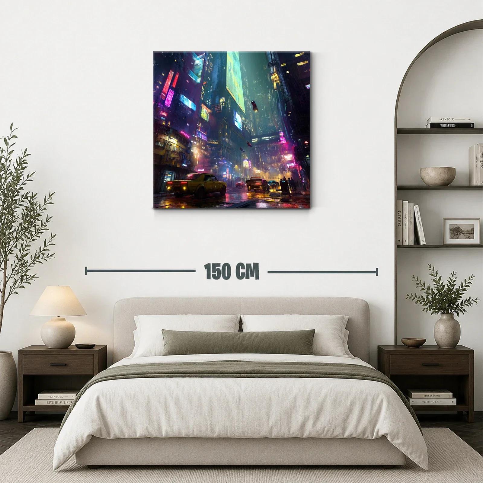 Ciudad futurista nocturna con luces de neón y tráfico urbano — miniatura 3