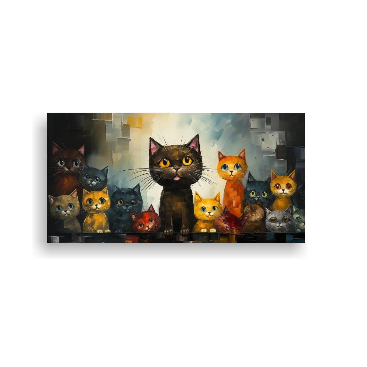Cuadro grupo de gatos con fondo geométrico difuso — imagen principal