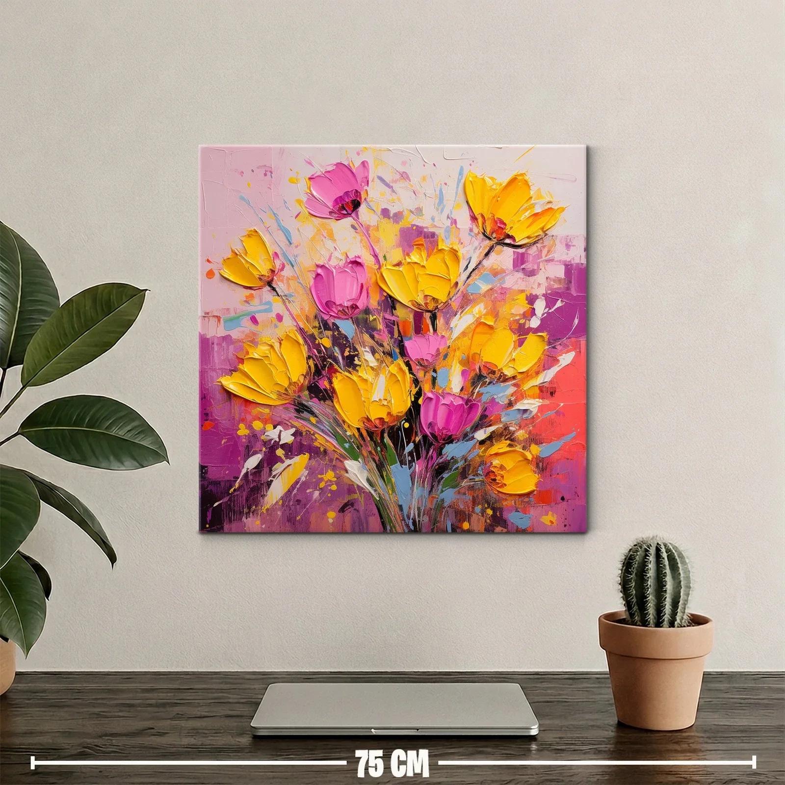 Cuadro floral vibrante con tonos amarillos y rosas intensos — miniatura 2