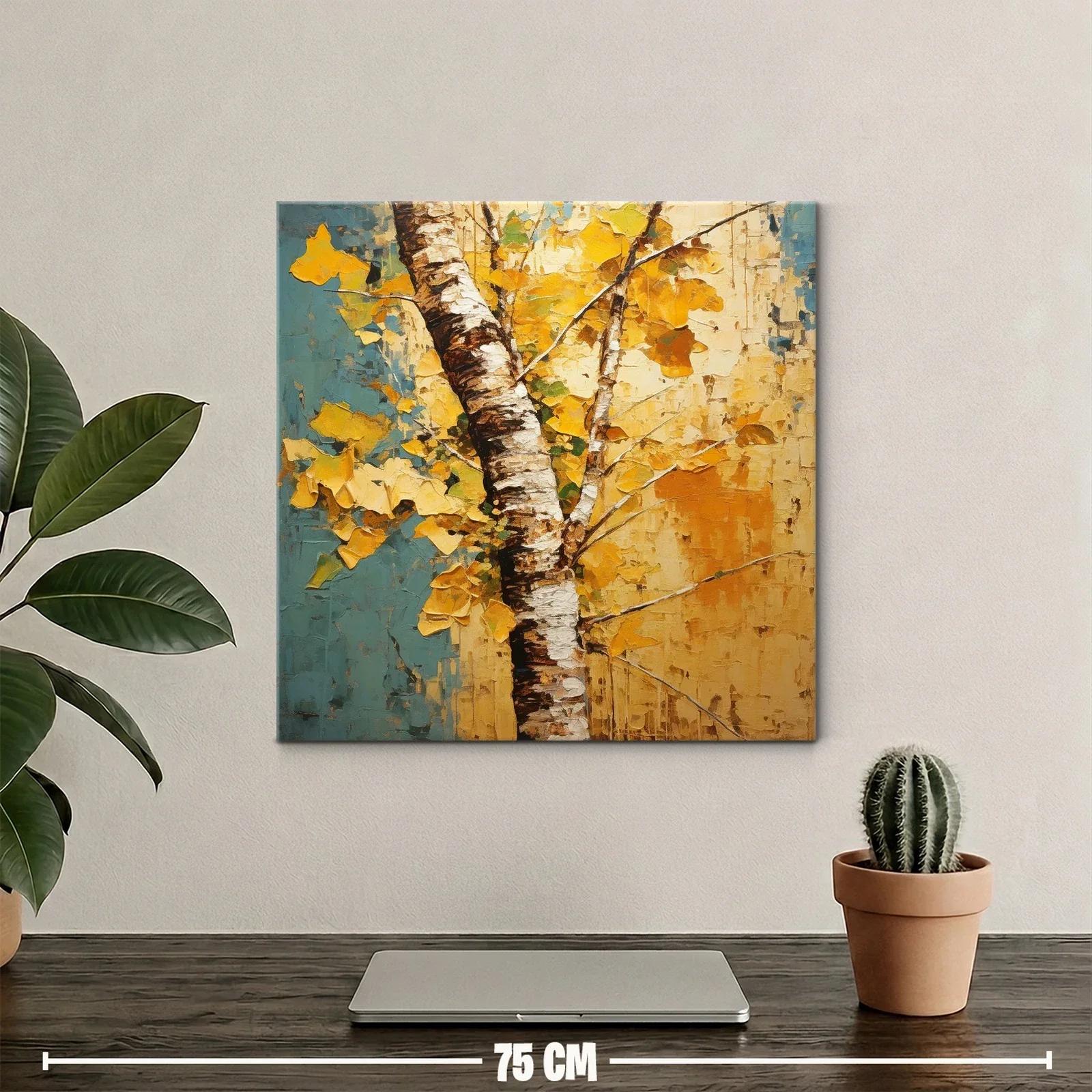 Árbol otoñal con hojas doradas y fondo azul y amarillo — miniatura 2