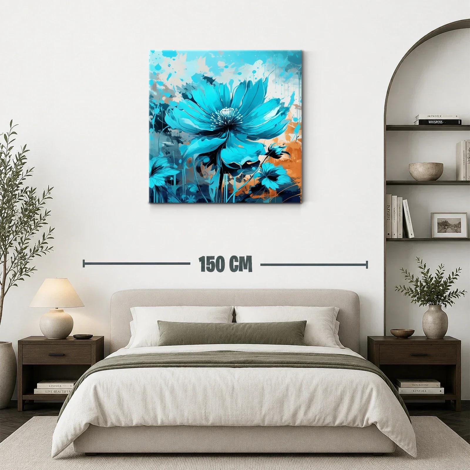 Cuadro con flor azul vibrante sobre fondo abstracto cálido — miniatura 3