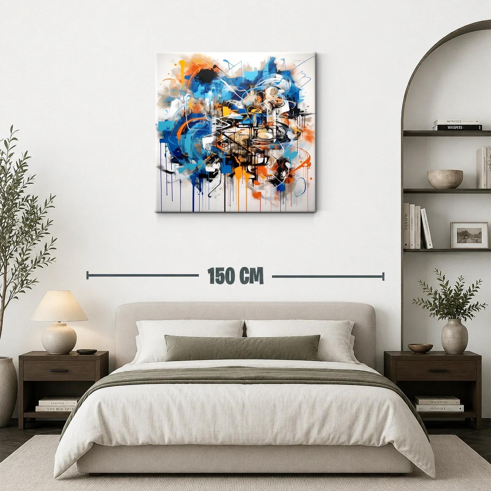 Cuadro Abstracto con Dinámicos Trazos en Azul y Naranja — miniatura 3