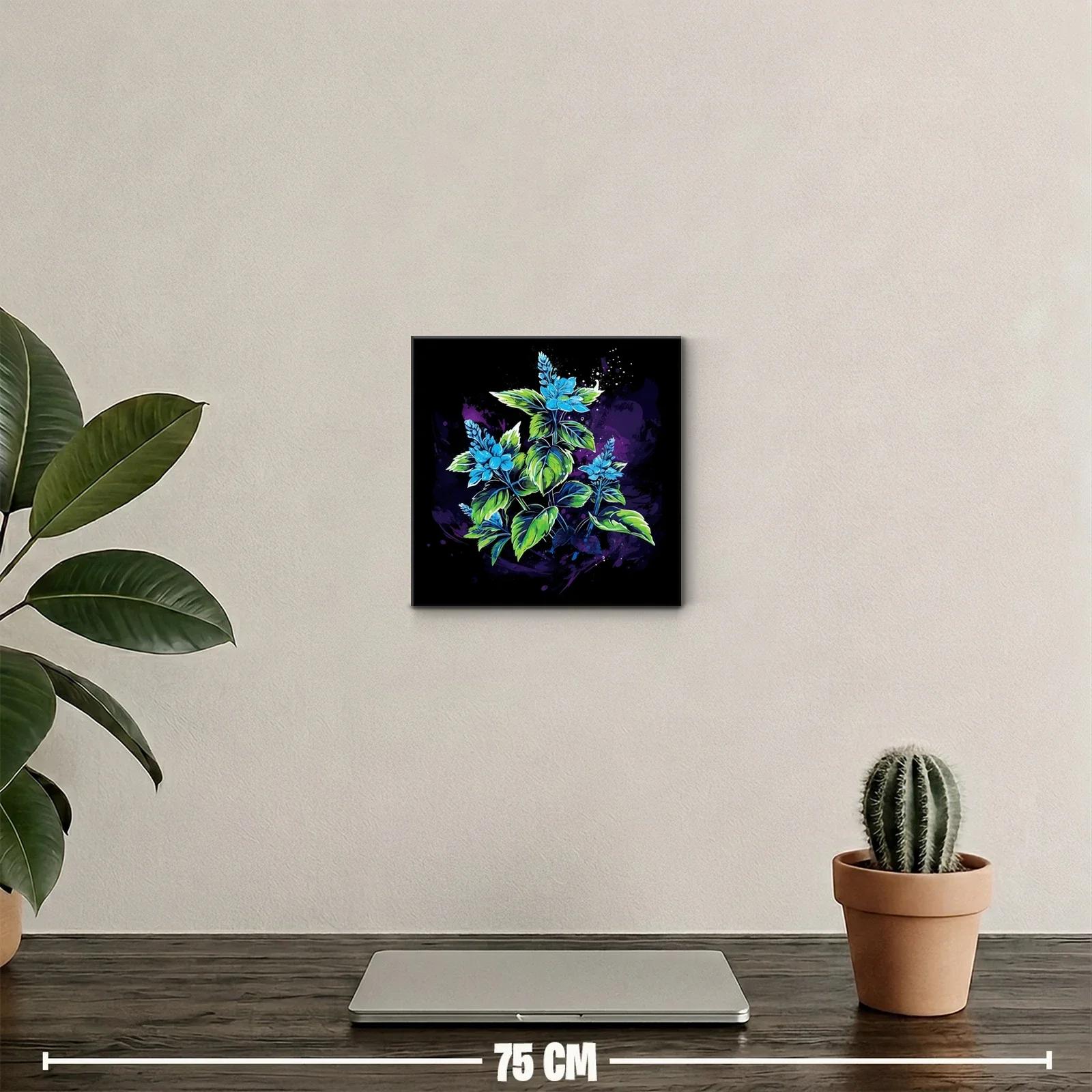 Cuadro con flores azules y hojas verdes sobre fondo oscuro — miniatura 2