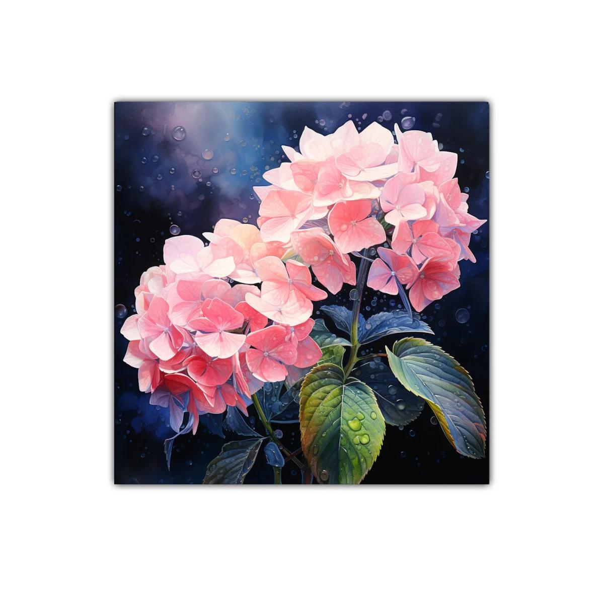 Cuadro decorativo con flores rosa y hojas verdes sobre fondo azul oscuro