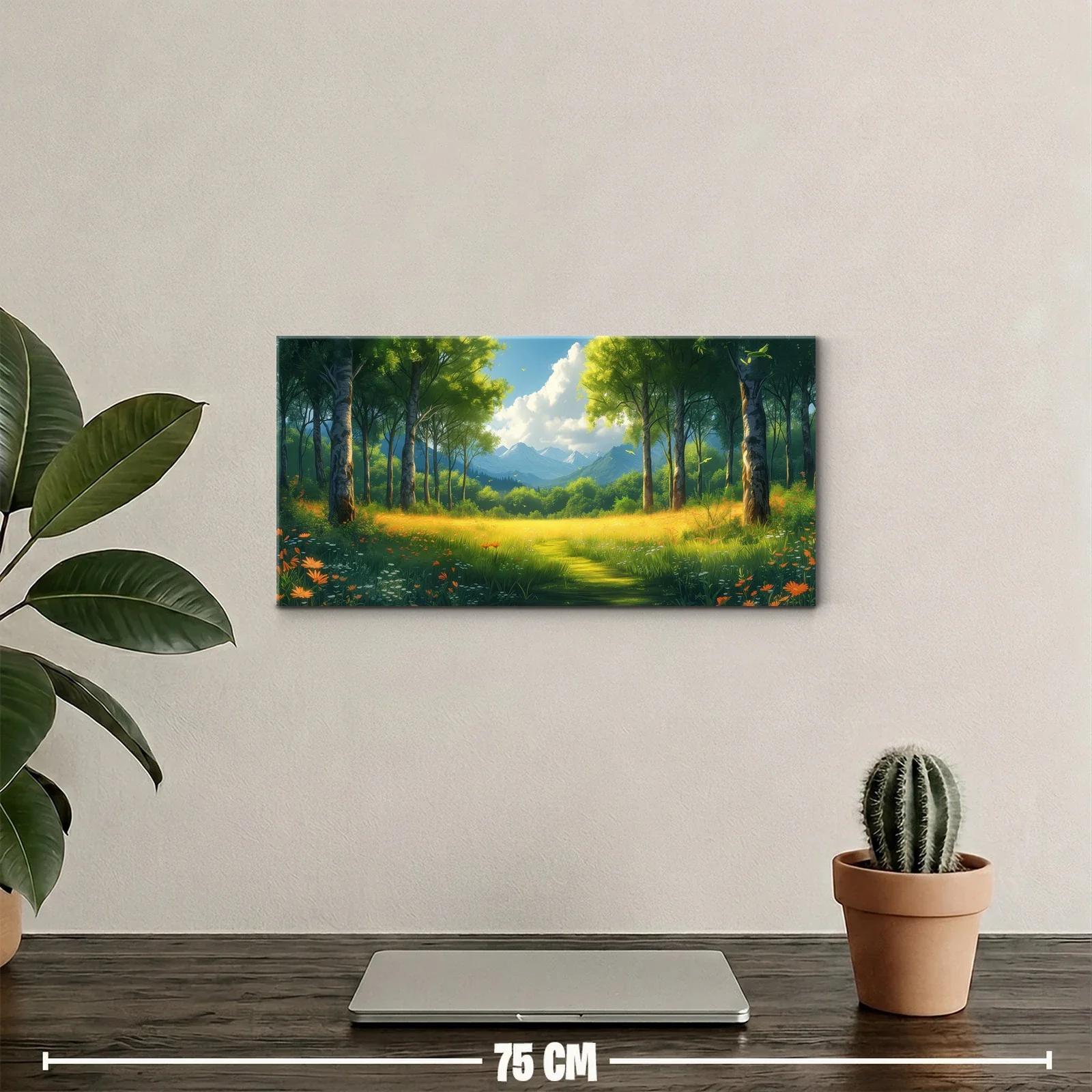 Cuadro bosque con claro soleado y montañas — miniatura 2