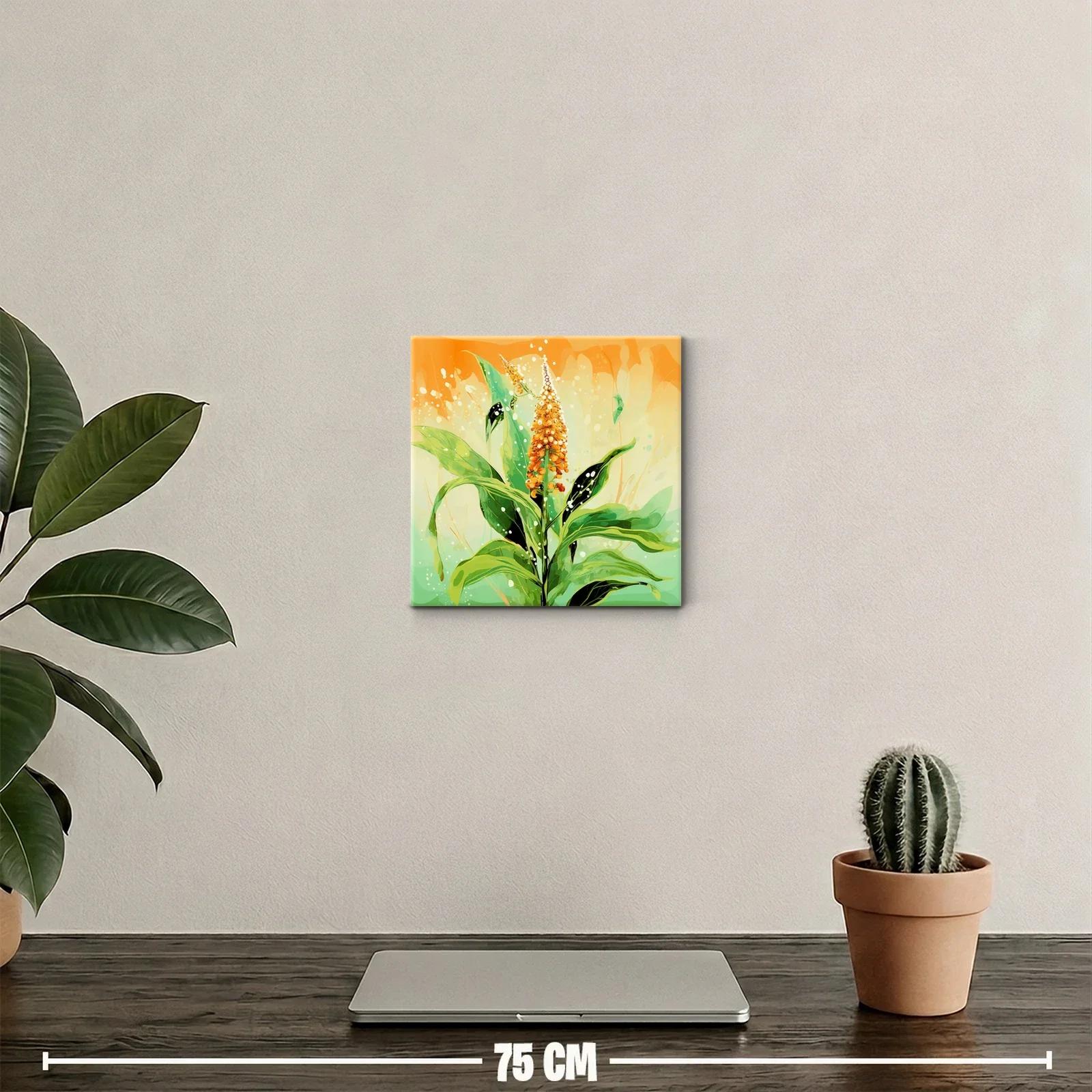 Cuadro decorativo planta tropical con tonos verdes y naranjas — miniatura 2