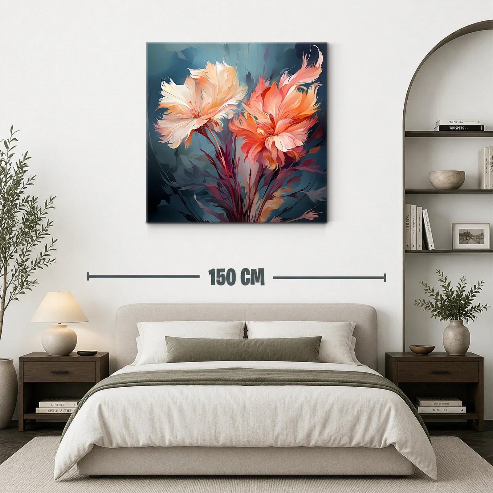 Cuadro floral con tonos cálidos y fondo azul profundo — miniatura 3