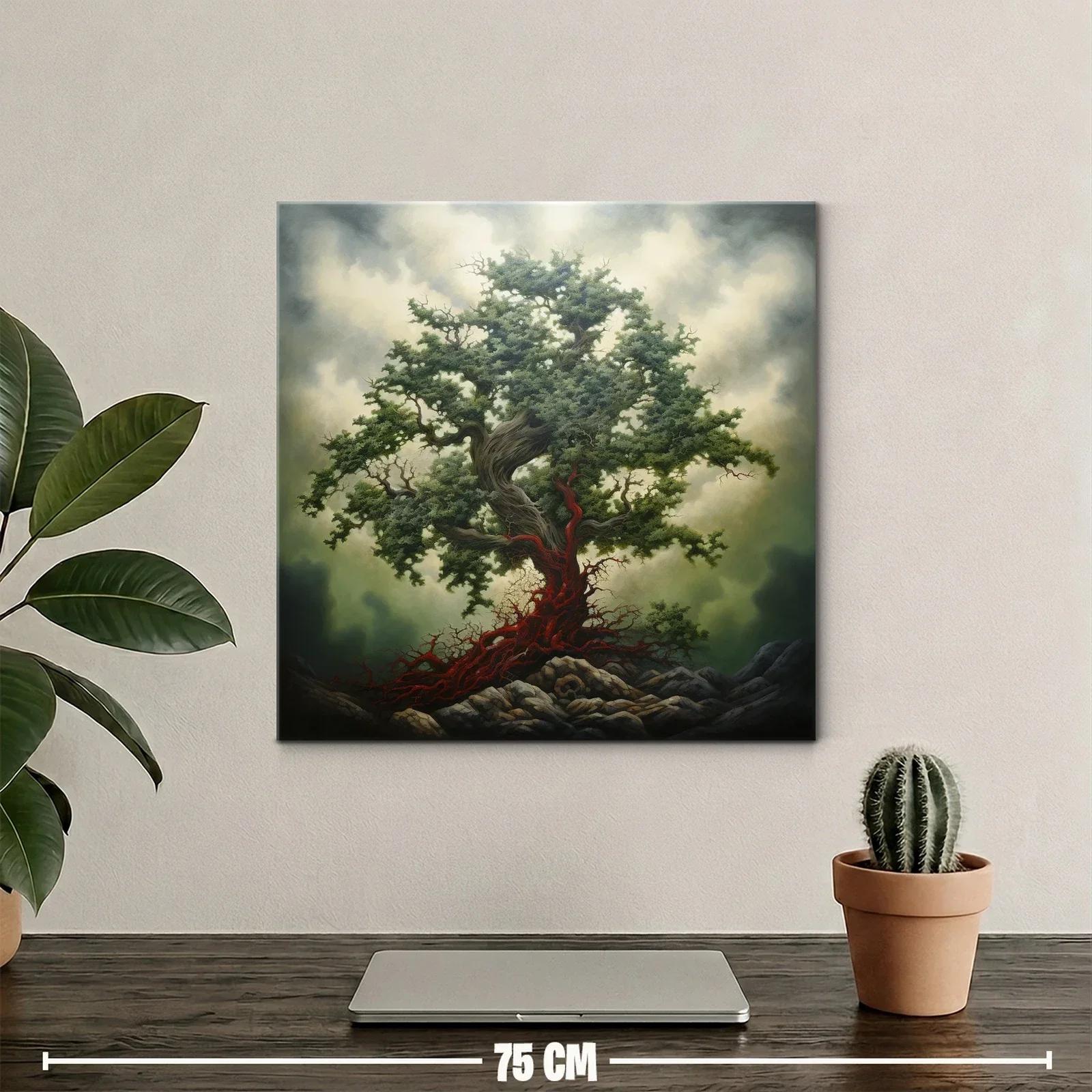 Árbol Imponente con Raíces Escarlata en Paisaje Dramático — miniatura 2