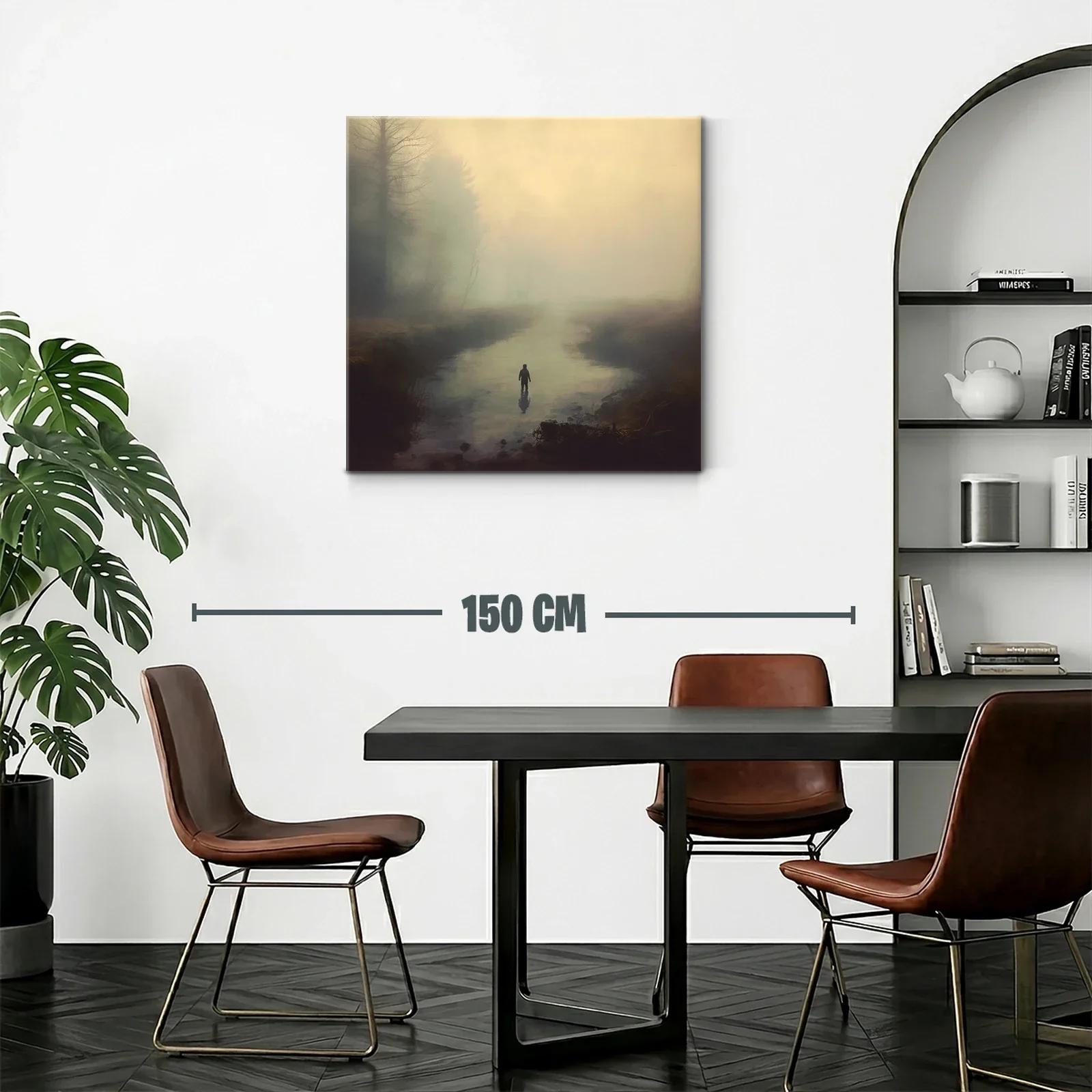 Paisaje nebuloso con figura solitaria en río tranquilo — miniatura 2