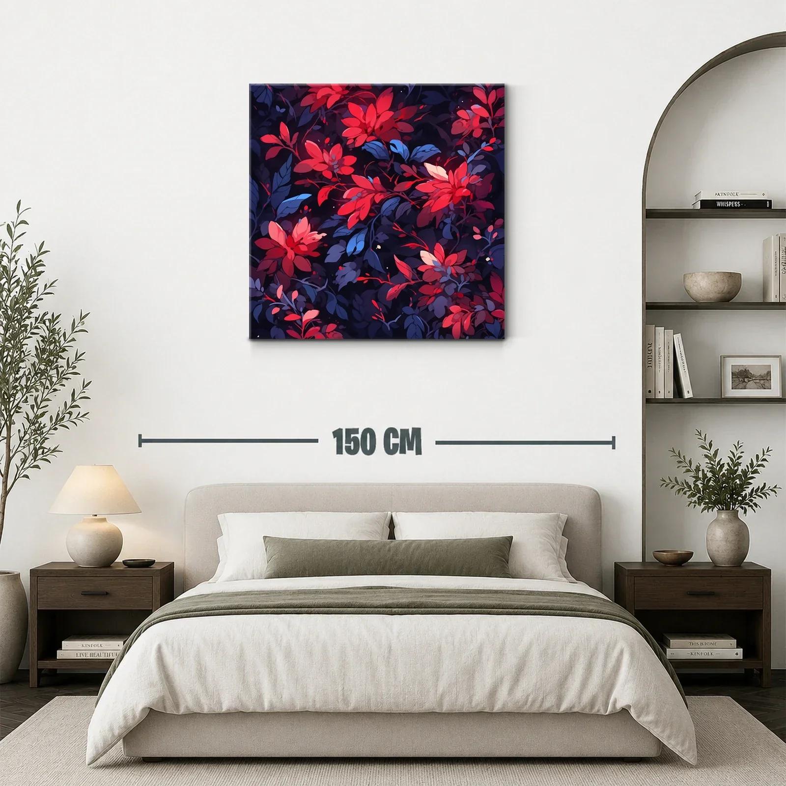 Cuadro floral vibrante en tonos rojos y azul oscuro — miniatura 3