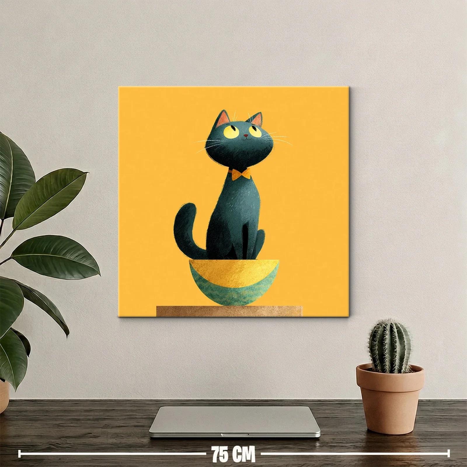 Encantador gato negro en cuenco sobre fondo amarillo vivo — miniatura 2
