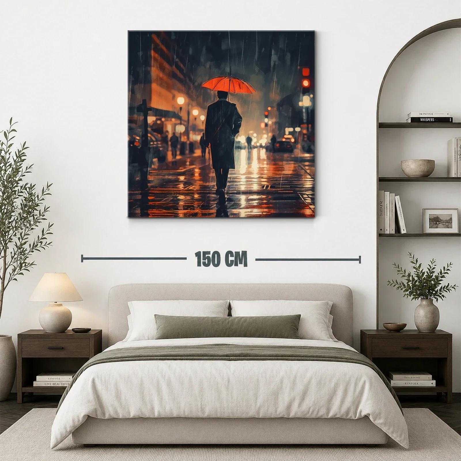 Atardecer urbano con paraguas rojo bajo la lluvia — miniatura 3