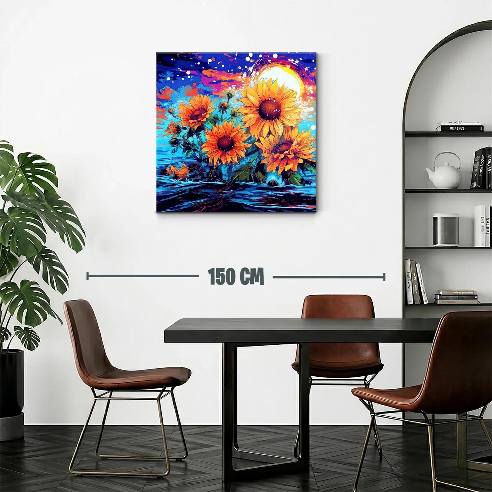 Cuadro vibrante de girasoles con fondo azul y naranja — miniatura 2