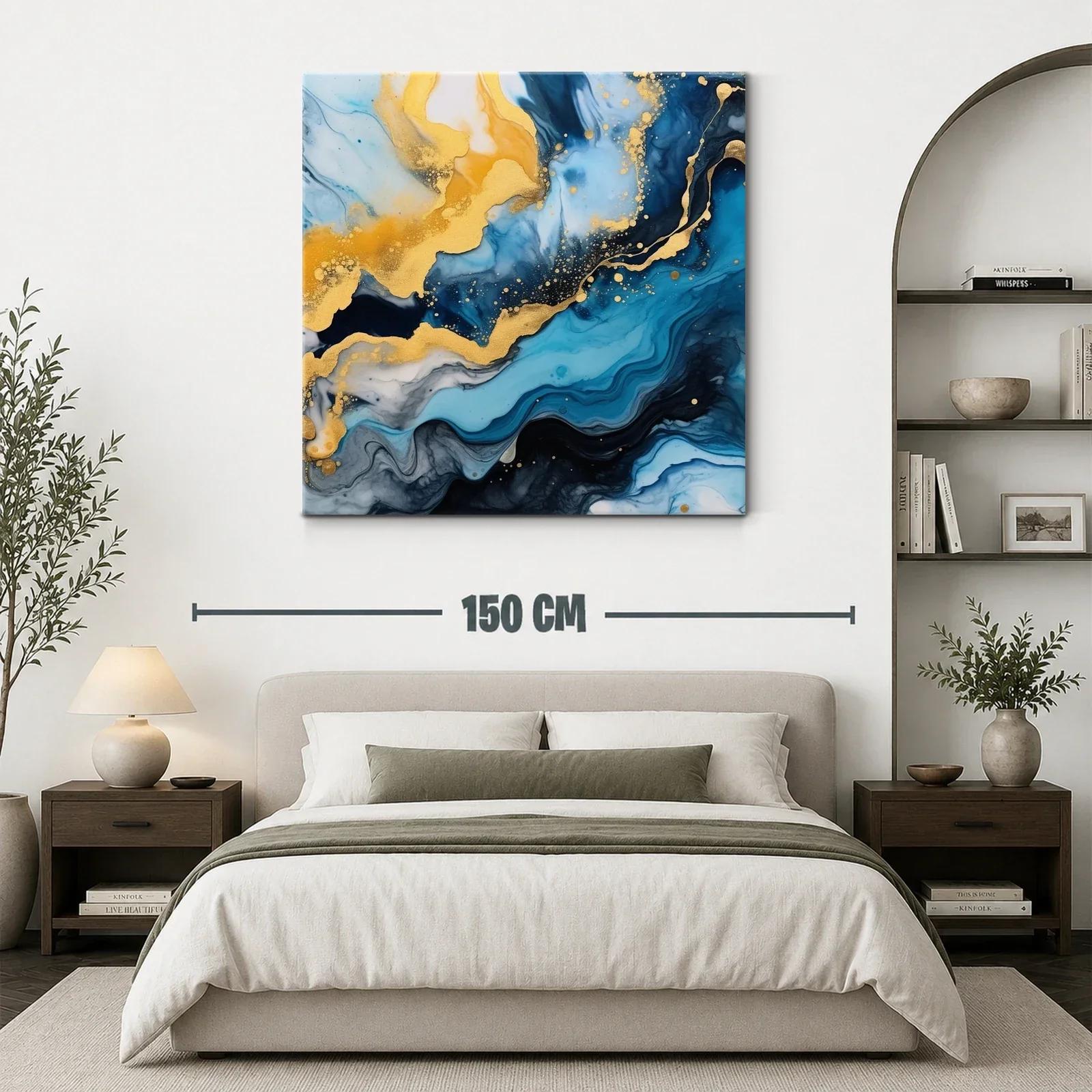 Cuadro abstracto con tonos azules y dorados vibrantes — miniatura 3