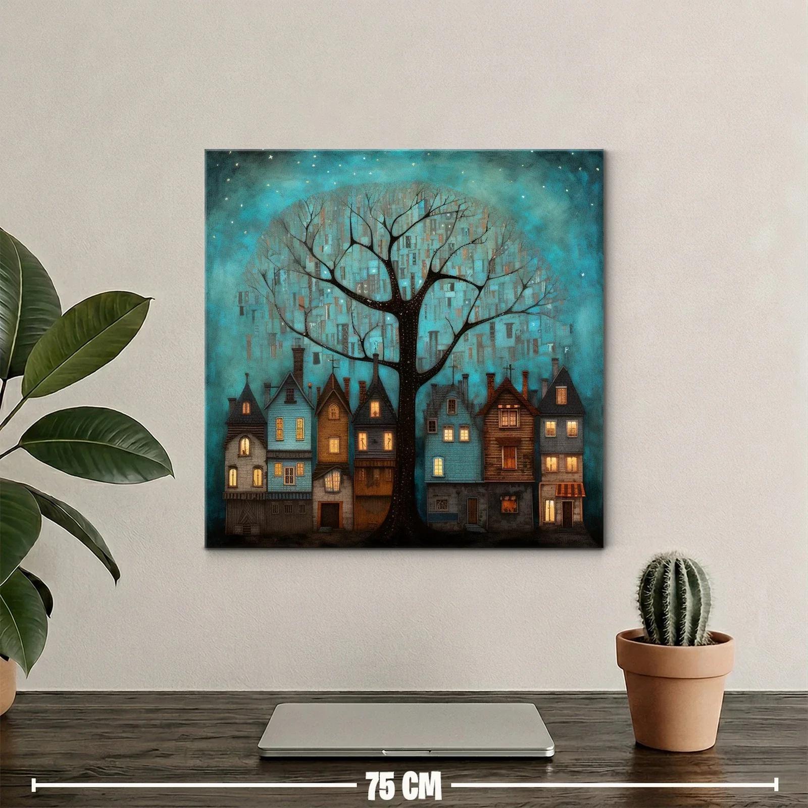 Encantador paisaje nocturno con casas y árbol iluminado — miniatura 2