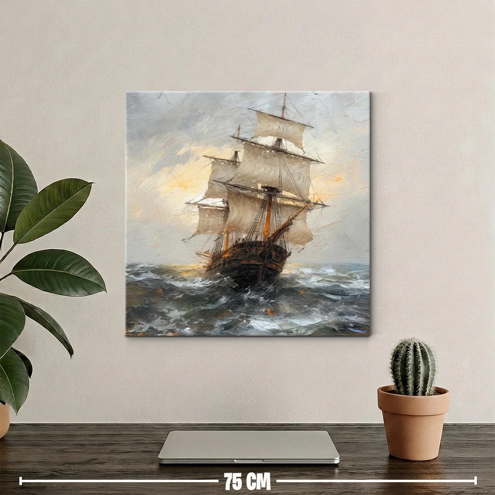 Barco clásico navegando en mar agitado al atardecer — miniatura 2